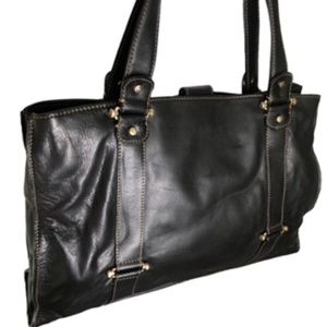 Liz Claiborne Black Leather Tote with Center Zip Divider Pouch and Pockets